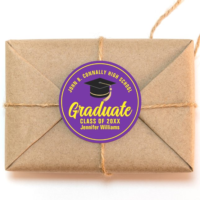 Purple Yellow Graduate Custom Graduation Party Classic Round Sticker (Creator Uploaded)