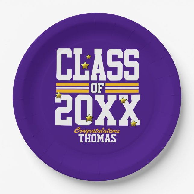 Purple|Yellow Graduating Class Year Paper Plates (Front)