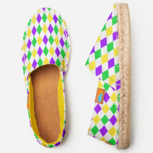 Purple, Yellow, Green Diamond Mardi Gras on White Espadrilles