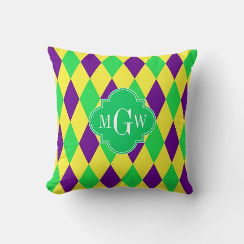 Purple Yellow Green Harlequin Grn Quat 3 Monogram Throw Pillow