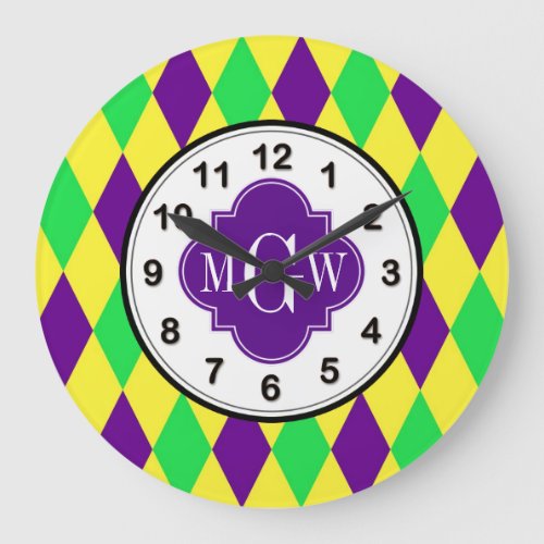 Purple Yellow Green Harlequin Purp Quat 3 Monogram Large Clock