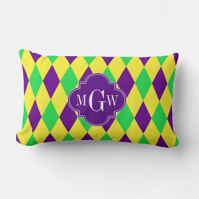Purple Yellow Green Harlequin Purp Quat 3 Monogram Lumbar Pillow (Front)
