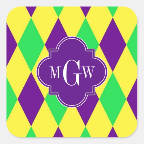 Purple Yellow Green Harlequin Purp Quat 3 Monogram Square Sticker