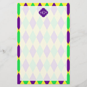 Purple Yellow Green Harlequin Purp Quat 3 Monogram Stationery