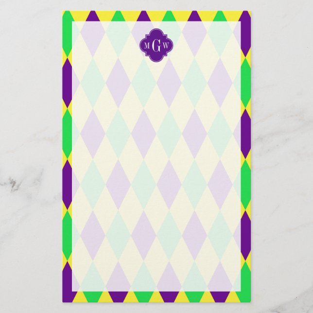 Purple Yellow Green Harlequin Purp Quat 3 Monogram Stationery (Front)