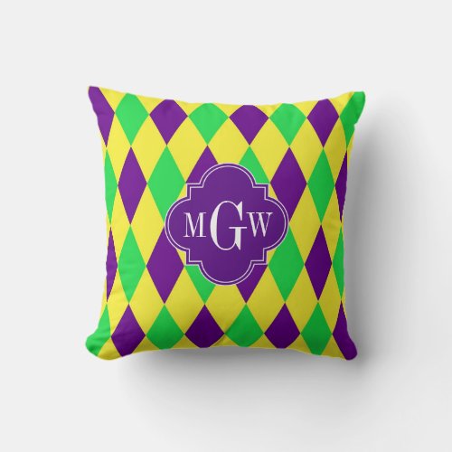 Purple Yellow Green Harlequin Purp Quat 3 Monogram Throw Pillow