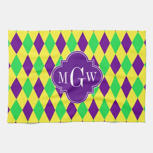 Purple Yellow Green Harlequin Purp Quat 3 Monogram Towel (Horizontal)