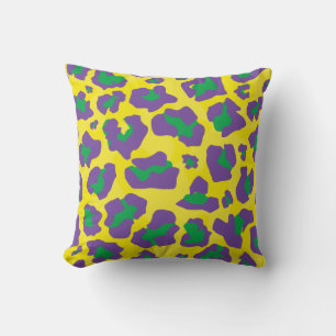 Purple, yellow, green leopard animal print pattern throw pillow