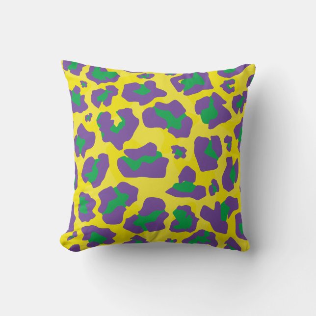 Purple, yellow, green leopard animal print pattern throw pillow (Front)