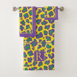 Purple, yellow, green leopard print and monogram bath towel set