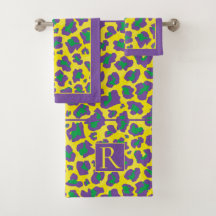 Purple, yellow, green leopard print and monogram