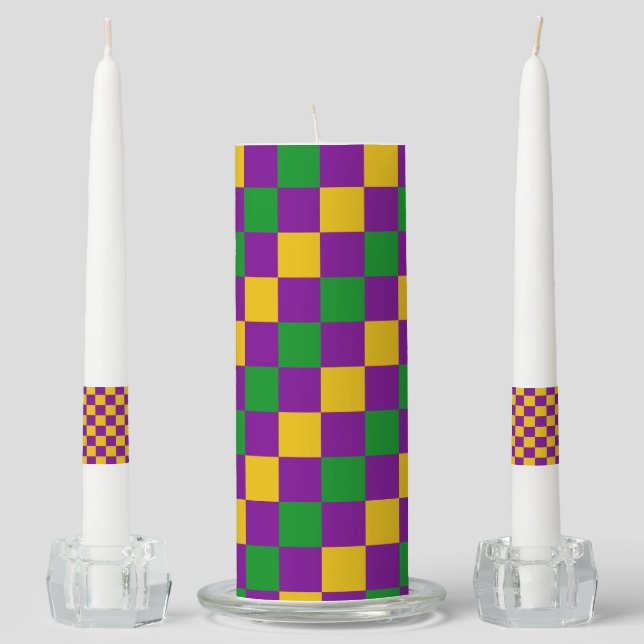 PURPLE YELLOW GREEN MARDI GRAS CHECK PATTERNS UNITY CANDLE SET (Front)