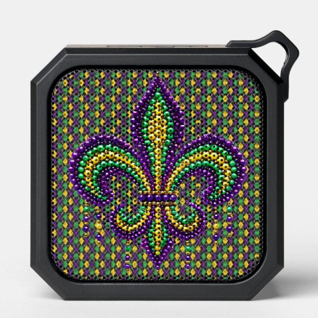 Purple yellow green Mardi Gras fleur de lis Bluetooth Speaker (Front)