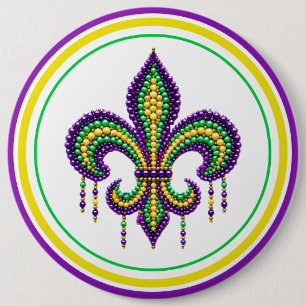 Purple yellow green Mardi Gras fleur de lis Button