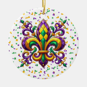 Purple yellow green Mardi Gras fleur de lis Ceramic Ornament