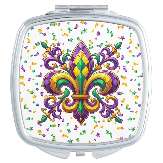 Purple yellow green Mardi Gras fleur de lis Compact Mirror (Front)