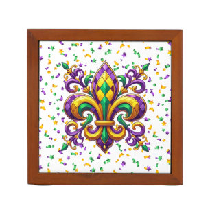Purple yellow green Mardi Gras fleur de lis Desk Organizer