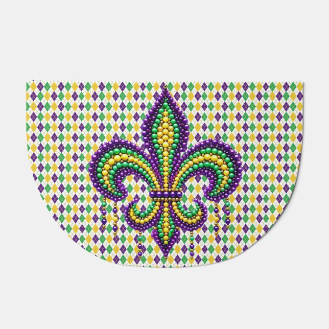 Purple yellow green Mardi Gras fleur de lis Doormat (Front)