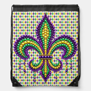 Purple yellow green Mardi Gras fleur de lis Drawstring Bag