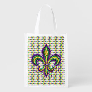 Purple yellow green Mardi Gras fleur de lis Grocery Bag