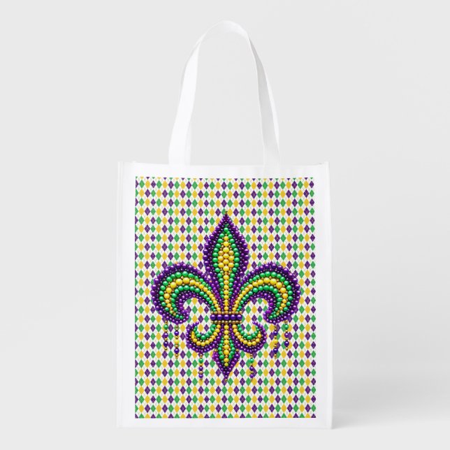 Purple yellow green Mardi Gras fleur de lis Grocery Bag (Front)