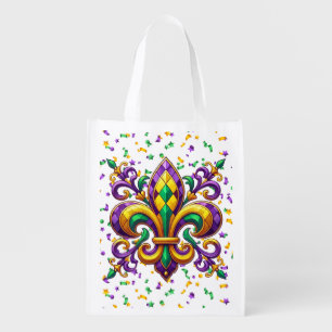 Purple yellow green Mardi Gras fleur de lis Grocery Bag