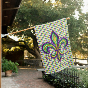 Purple yellow green Mardi Gras fleur de lis House Flag