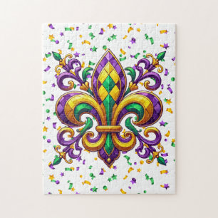 Purple yellow green Mardi Gras fleur de lis Jigsaw Puzzle