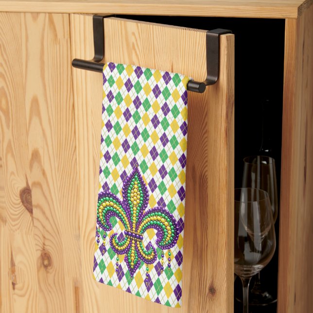 Purple yellow green Mardi Gras fleur de lis Kitchen Towel (Thirds Fold)