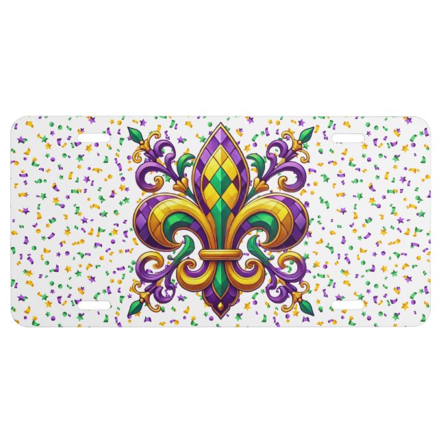 Purple yellow green Mardi Gras fleur de lis License Plate (Front)