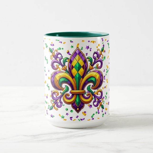 Purple yellow green Mardi Gras fleur de lis Mug (Center)