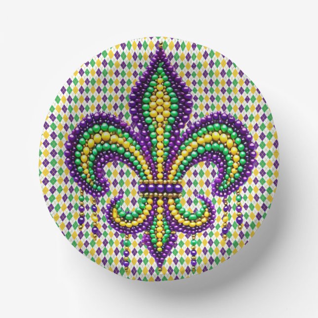 Purple yellow green Mardi Gras fleur de lis Paper Bowls (Front)