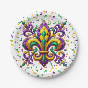 Purple yellow green Mardi Gras fleur de lis Paper Plates