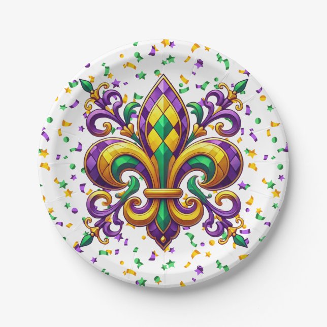 Purple yellow green Mardi Gras fleur de lis Paper Plates (Front)