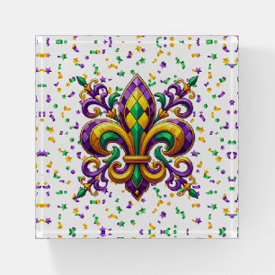 Purple yellow green Mardi Gras fleur de lis Paperweight