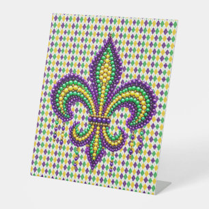 Purple yellow green Mardi Gras fleur de lis Pedestal Sign