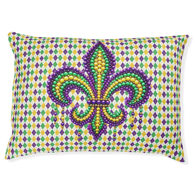 Purple yellow green Mardi Gras fleur de lis Pet Bed (Front)