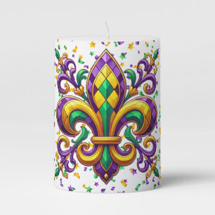 Purple yellow green Mardi Gras fleur de lis Pillar Candle