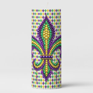 Purple yellow green Mardi Gras fleur de lis Pillar Candle