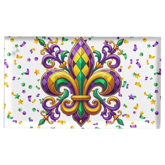Purple yellow green Mardi Gras fleur de lis Place Card Holder (Front)
