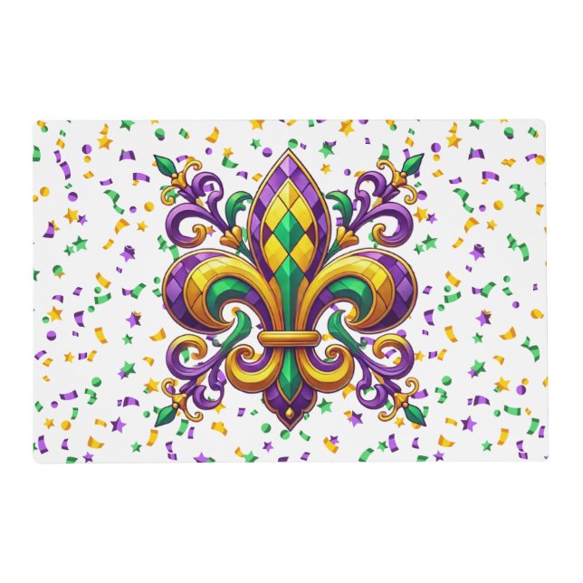 Purple yellow green Mardi Gras fleur de lis Placemat (Front)