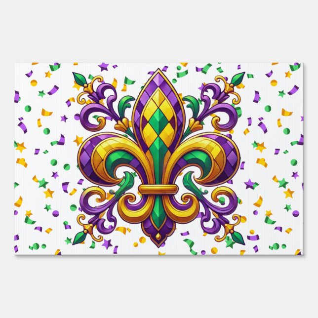 Purple yellow green Mardi Gras fleur de lis Sign (Front)
