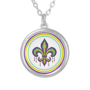 Purple yellow green Mardi Gras fleur de lis Silver Plated Necklace