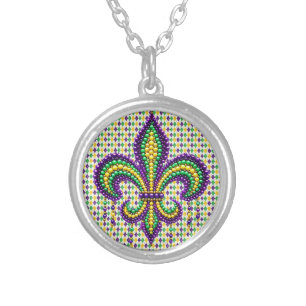Purple yellow green Mardi Gras fleur de lis Silver Plated Necklace