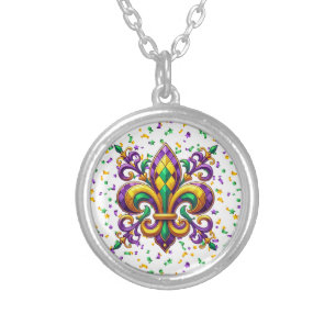 Purple yellow green Mardi Gras fleur de lis Silver Plated Necklace