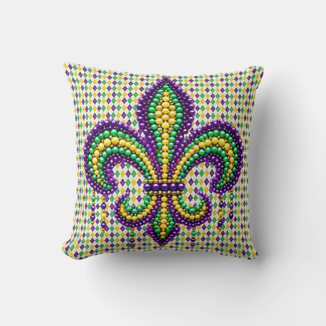 Purple yellow green Mardi Gras fleur de lis Throw Pillow (Front)
