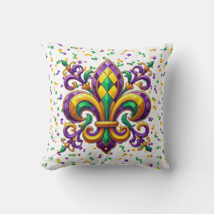 Purple yellow green Mardi Gras fleur de lis Throw Pillow