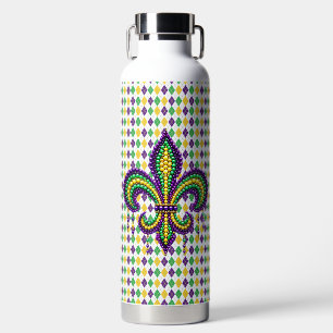 Purple yellow green Mardi Gras fleur de lis Water Bottle