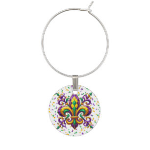 Purple yellow green Mardi Gras fleur de lis Wine Charm
