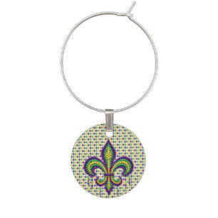 Purple yellow green Mardi Gras fleur de lis Wine Charm
